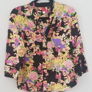 Josie Natori Asian Garden Graphic Blouse Top S